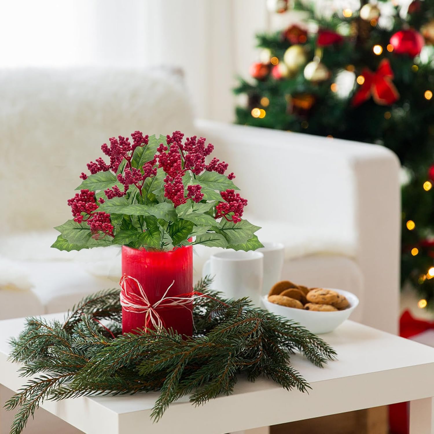 Artificial Holly Berries with Green Leaves 4Pcs