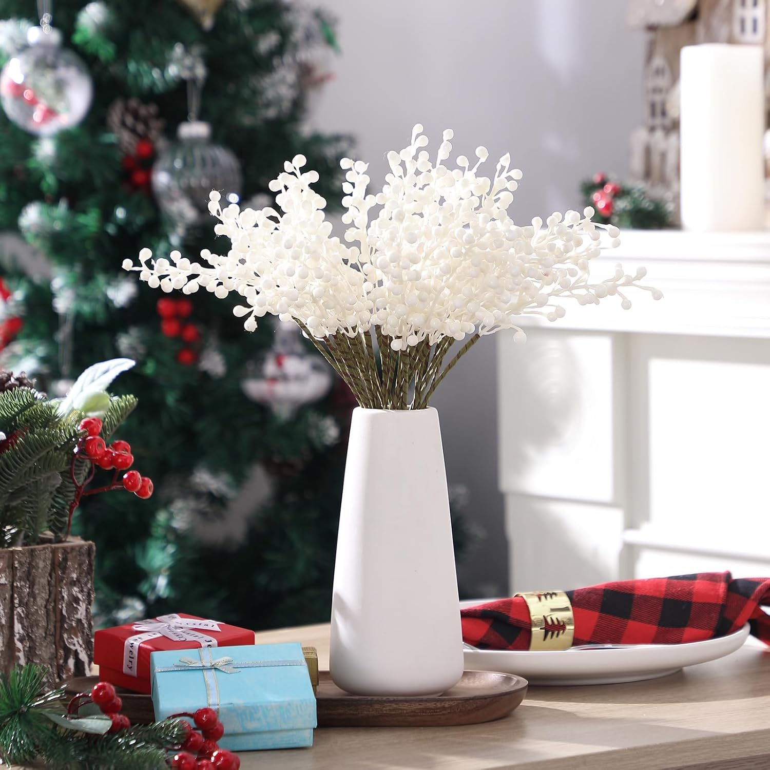 24 Pack White Artificial Berry Stems for Christmas Decor