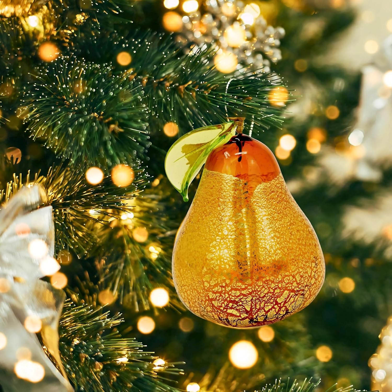 Murano Glass Amber Pear Ornament 3 Inch