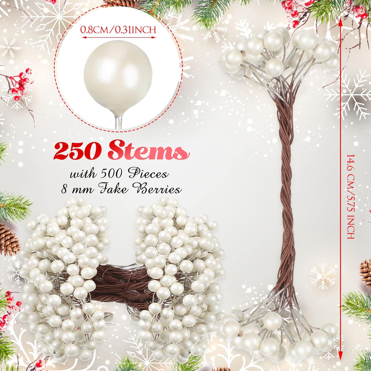 BBTO Artificial Holly Berries 250 Stems 500 Pieces White