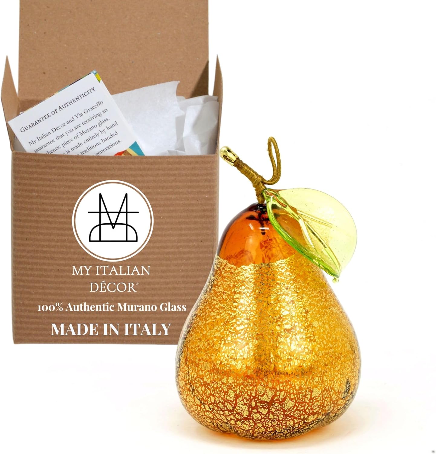 Murano Glass Amber Pear Ornament 3 Inch