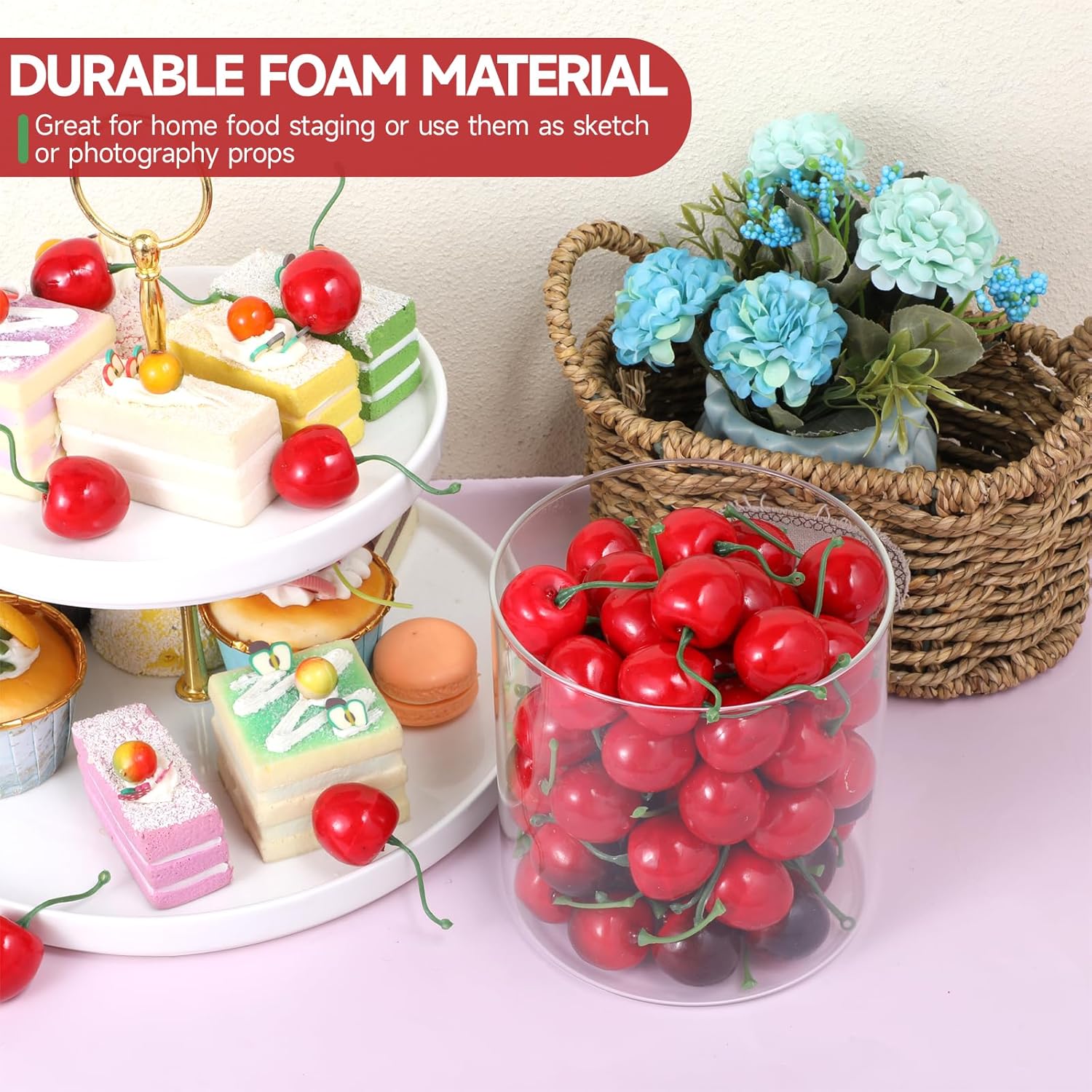50 pcs Artificial Red Cherries Decorative Fruit