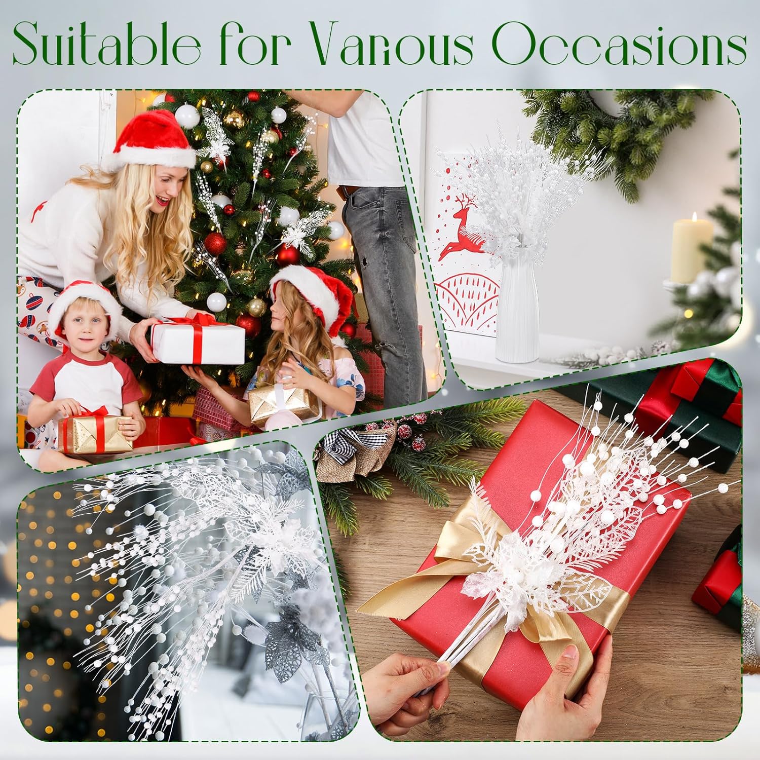 XunYee 60 Pcs Glitter Artificial Christmas Berry Stems Set