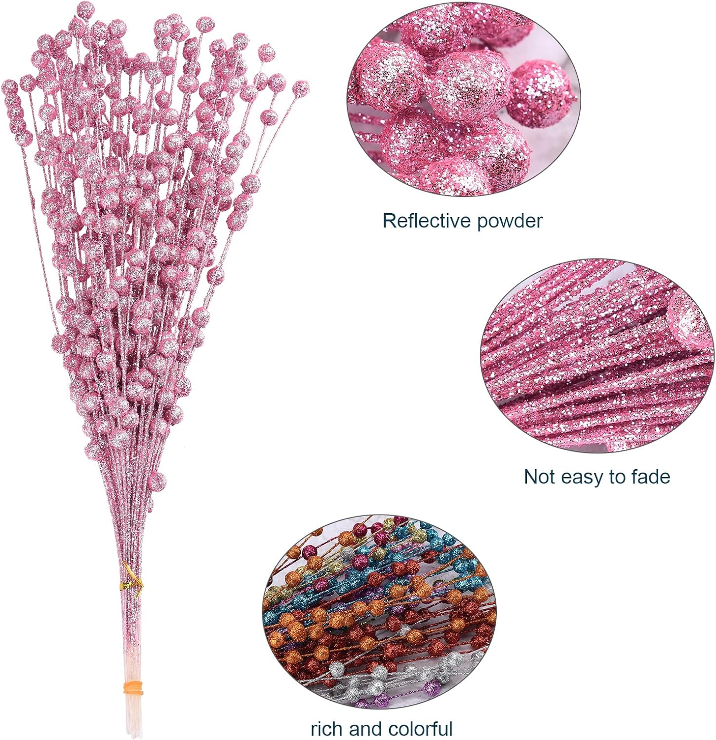 50Pcs Glitter Berry Stem Ornaments 157in Pink Christmas Branches