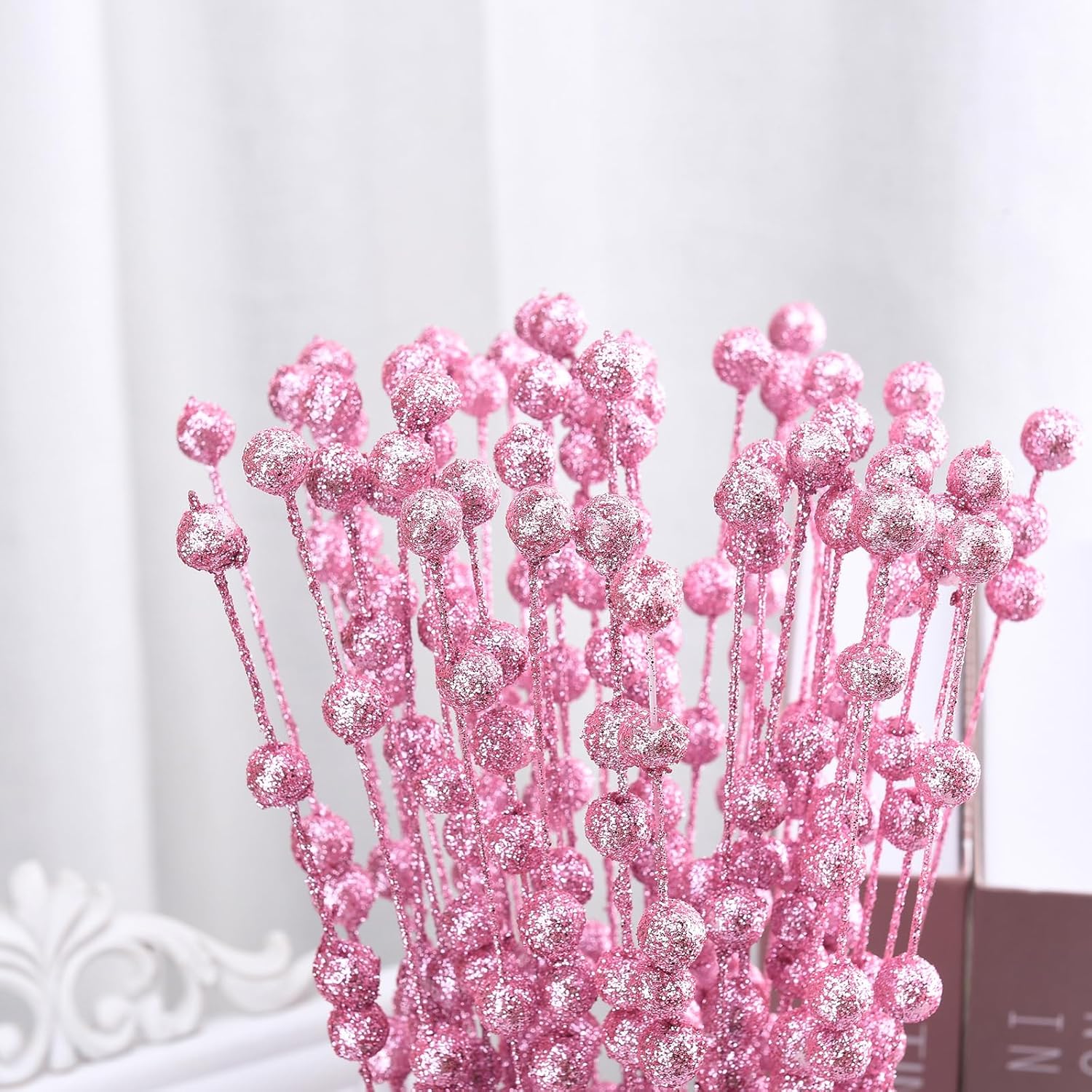 50Pcs Glitter Berry Stem Ornaments 157in Pink Christmas Branches