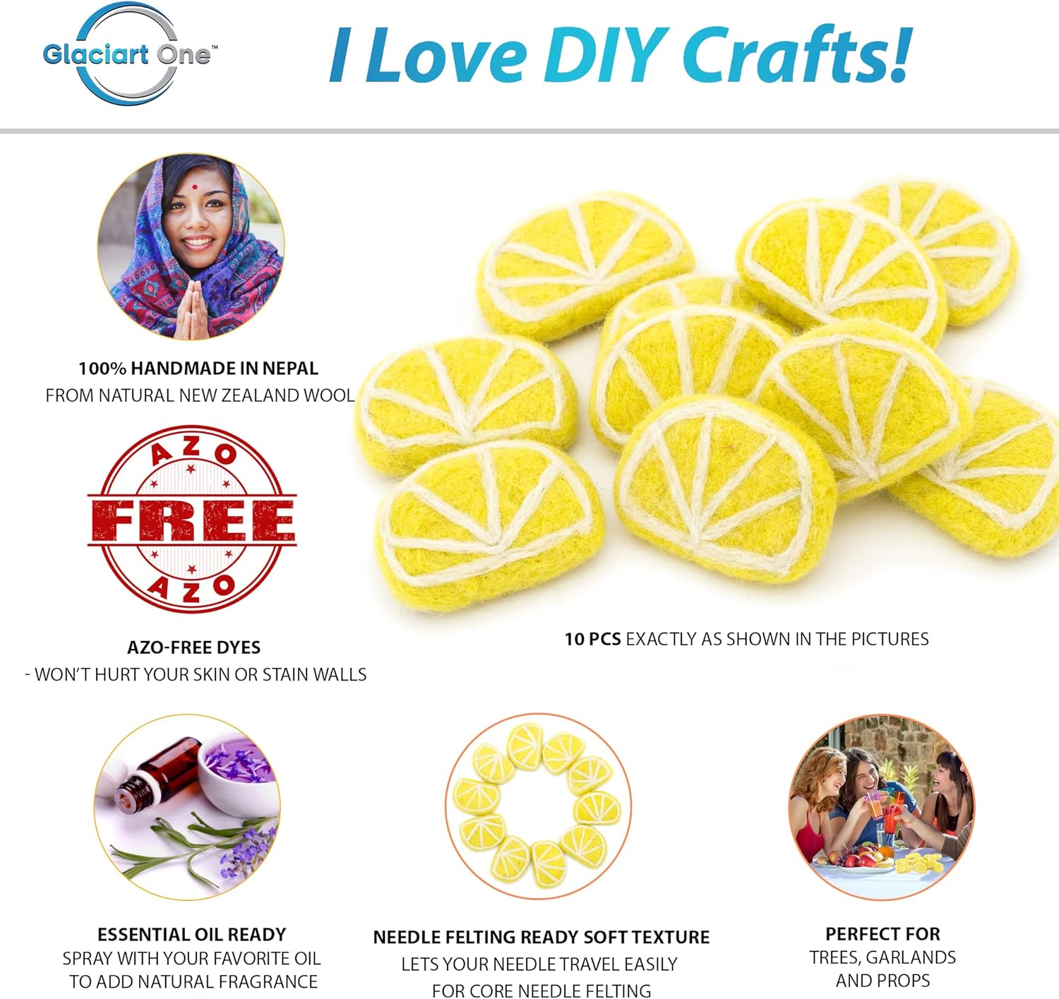 GLACIART ONE Wool Felt Lemon Slices - 10pcs Artificial Decor