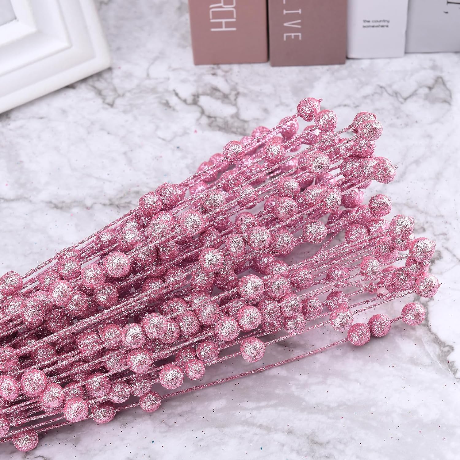 50Pcs Glitter Berry Stem Ornaments 157in Pink Christmas Branches