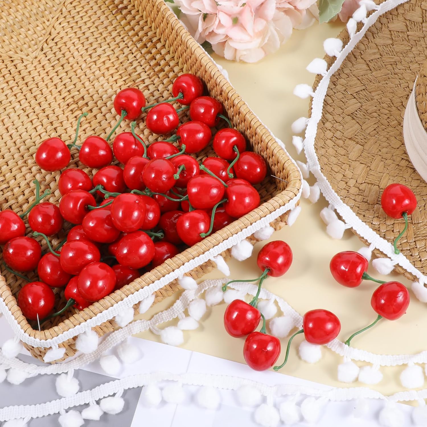 50 pcs Artificial Red Cherries Decorative Fruit