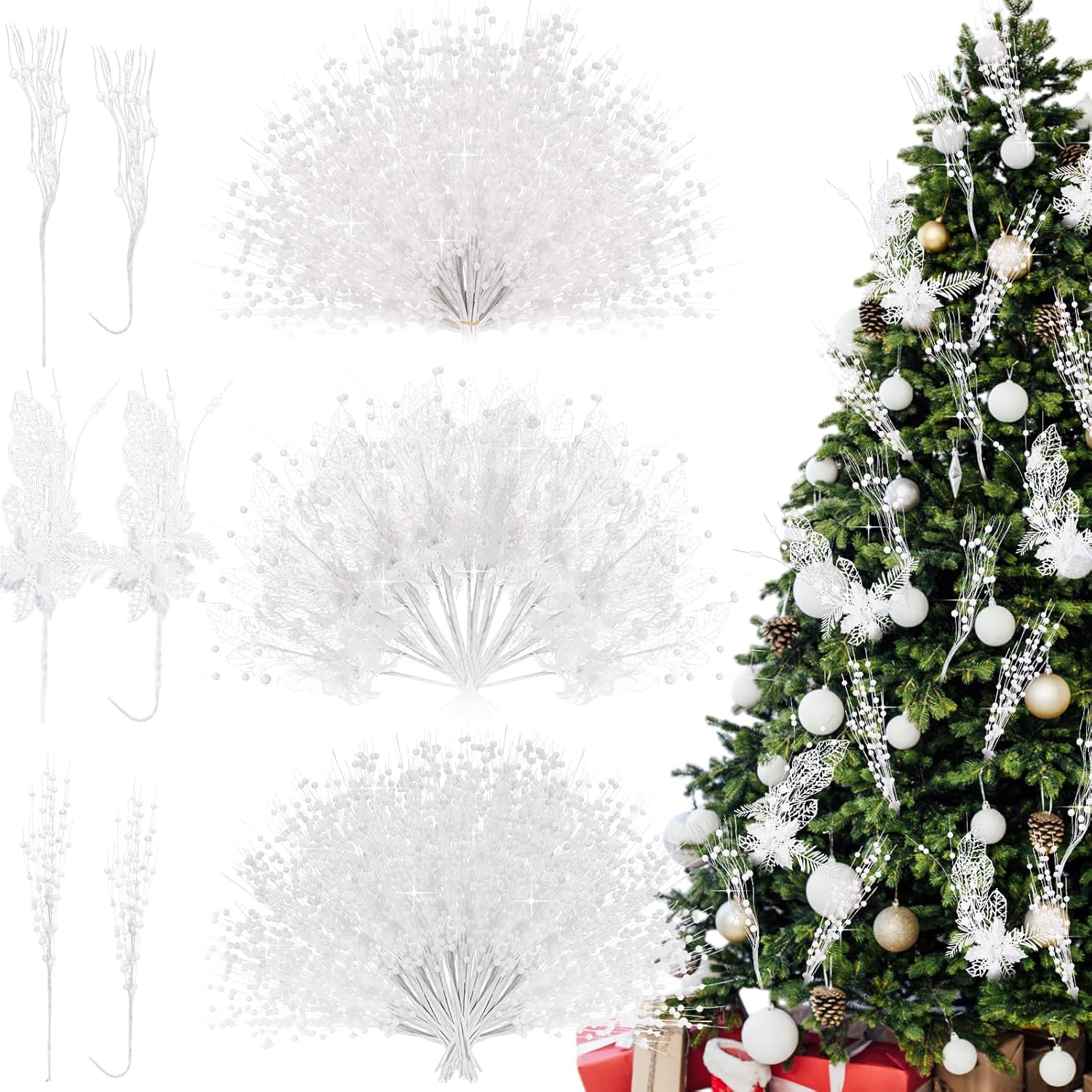 XunYee 60 Pcs Glitter Artificial Christmas Berry Stems Set