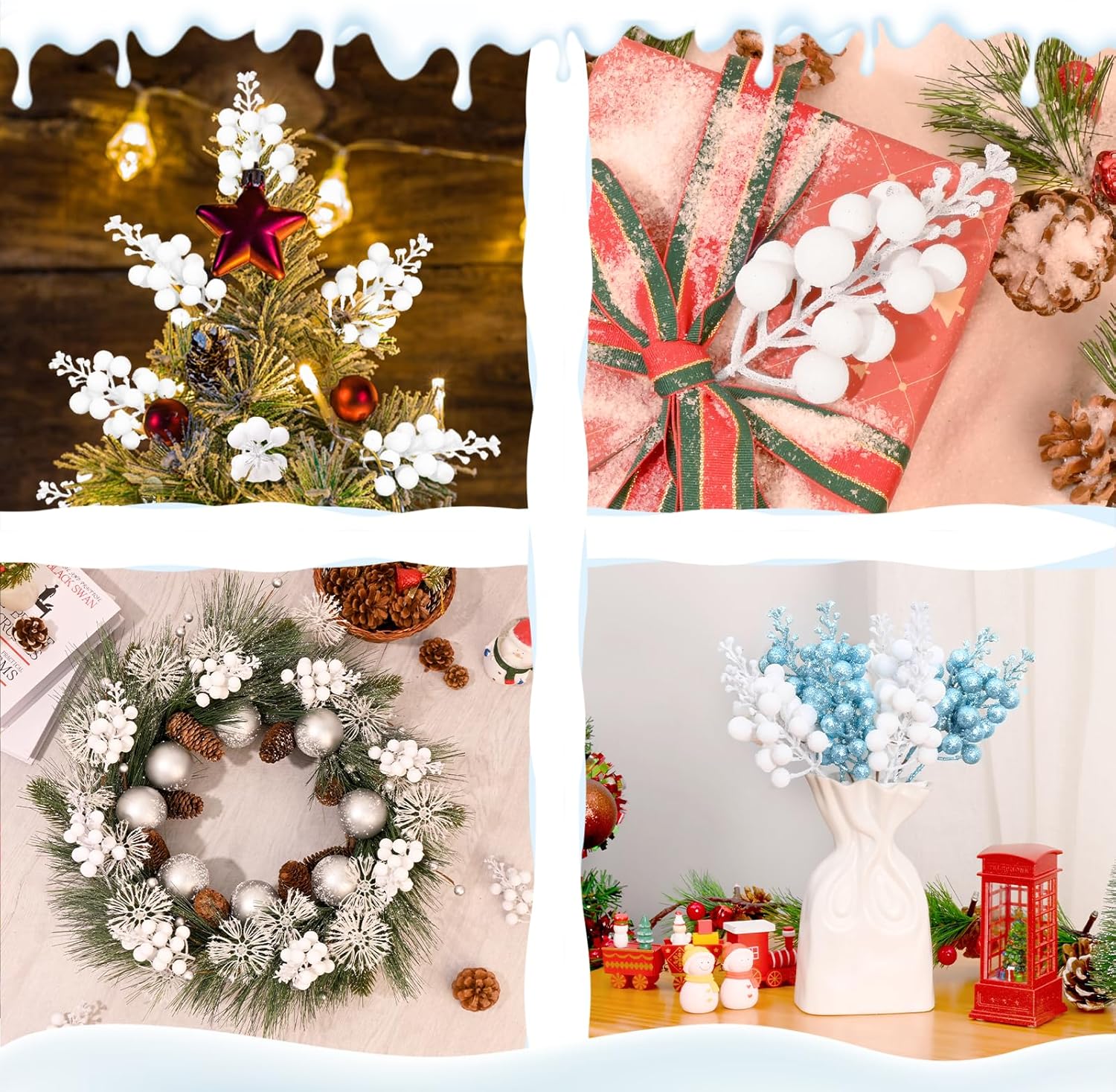 18 Pack White Christmas Tree Picks with Glitter Berries