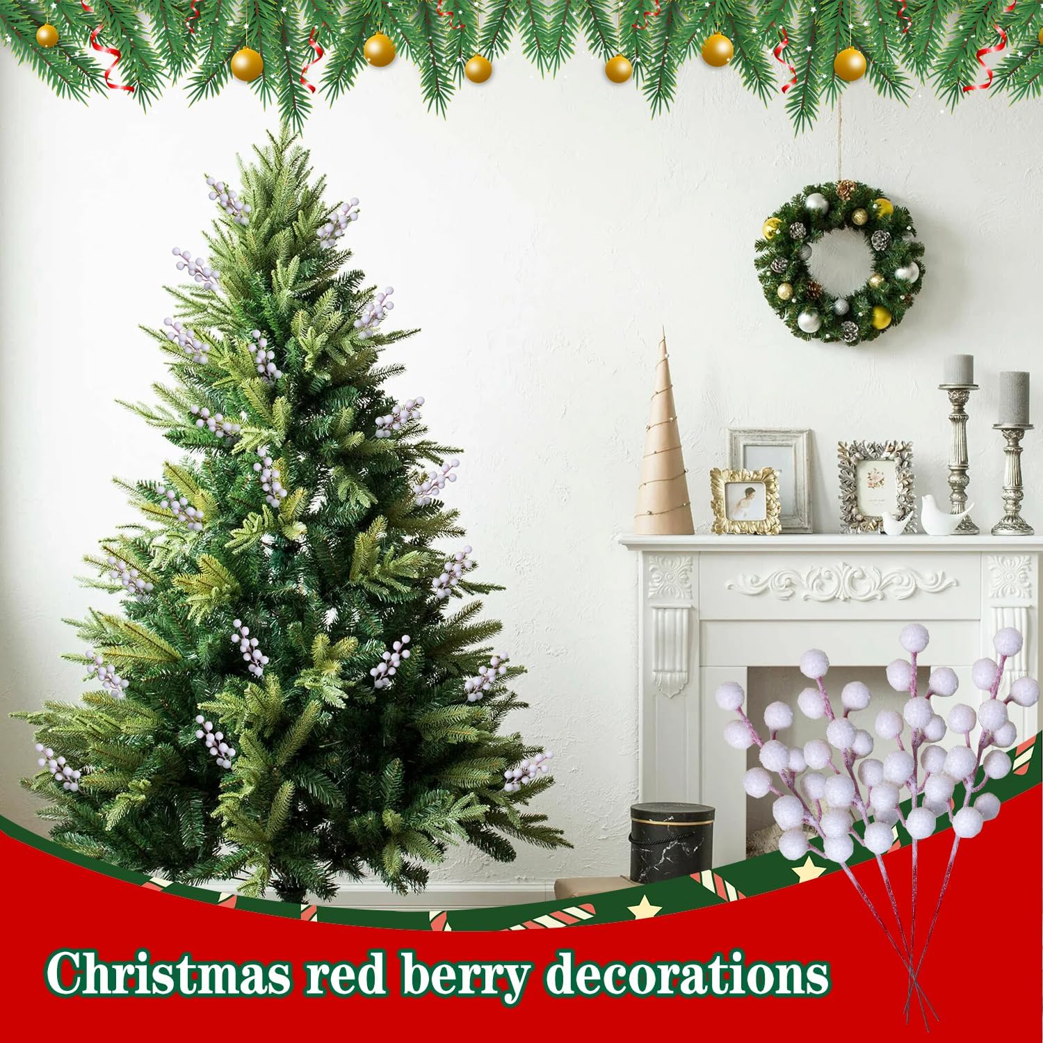 24pcs Frosted Red Berry Stems for Christmas Decor White