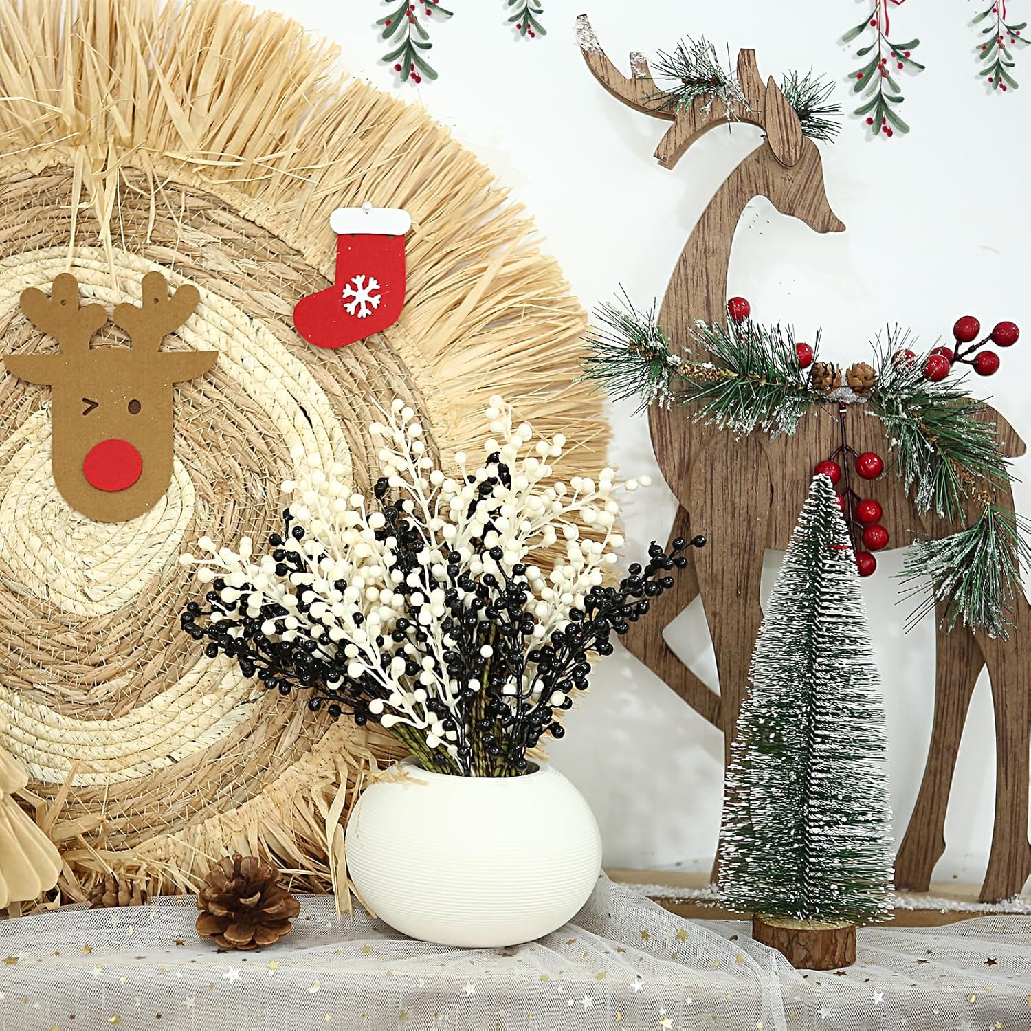 16 Pack Artificial White Berry Stems for Christmas Decorations