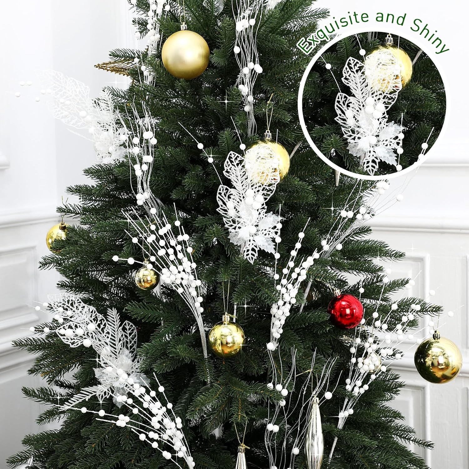 XunYee 60 Pcs Glitter Artificial Christmas Berry Stems Set